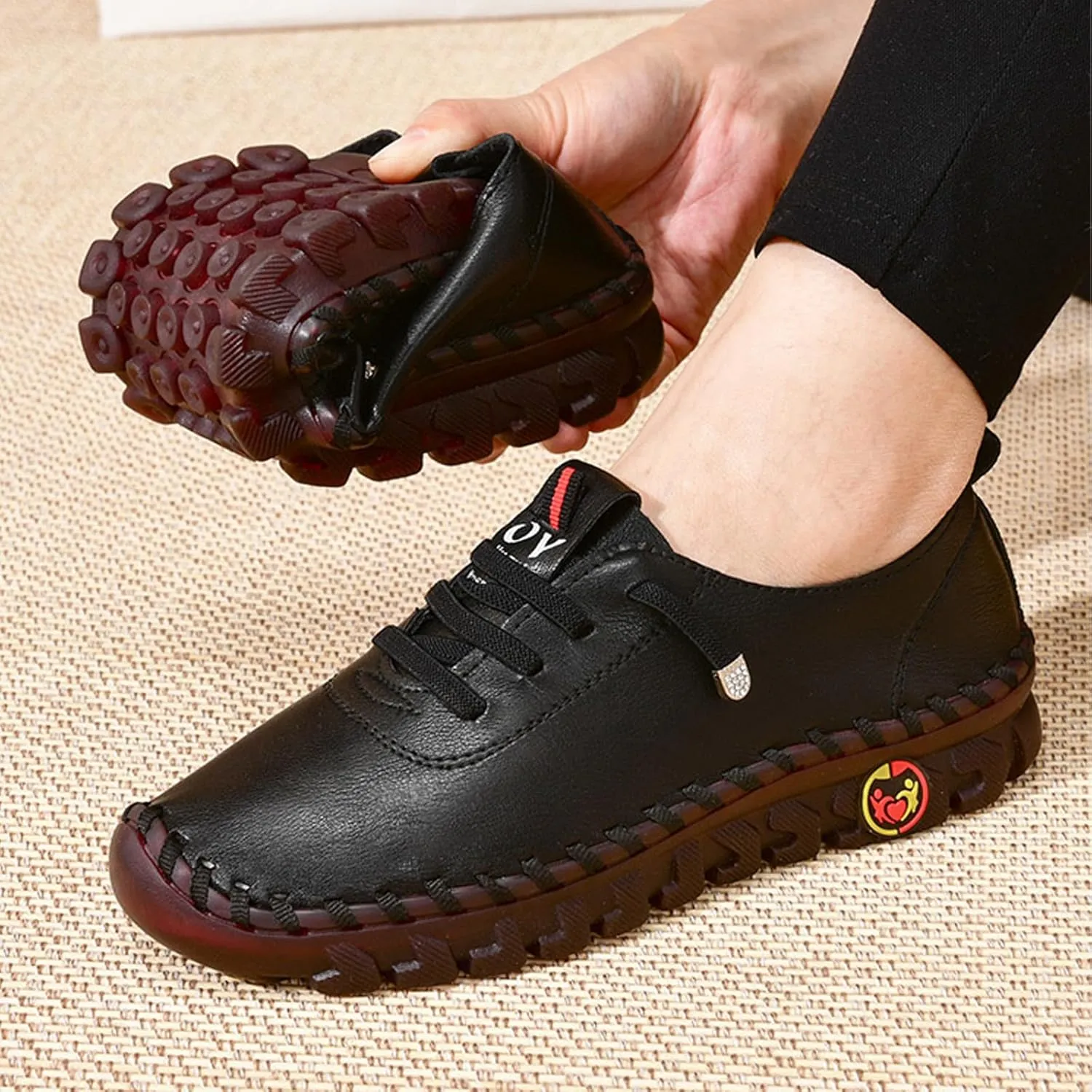AngryMonkey Women Leather Round Toe Flat Loafers,Handmade Non-Slip Good Arch Support Breathable Soft Bottom Walking Shoes Mom Loafers