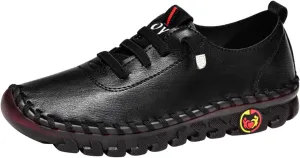 AngryMonkey Women Leather Round Toe Flat Loafers,Handmade Non-Slip Good Arch Support Breathable Soft Bottom Walking Shoes Mom Loafers