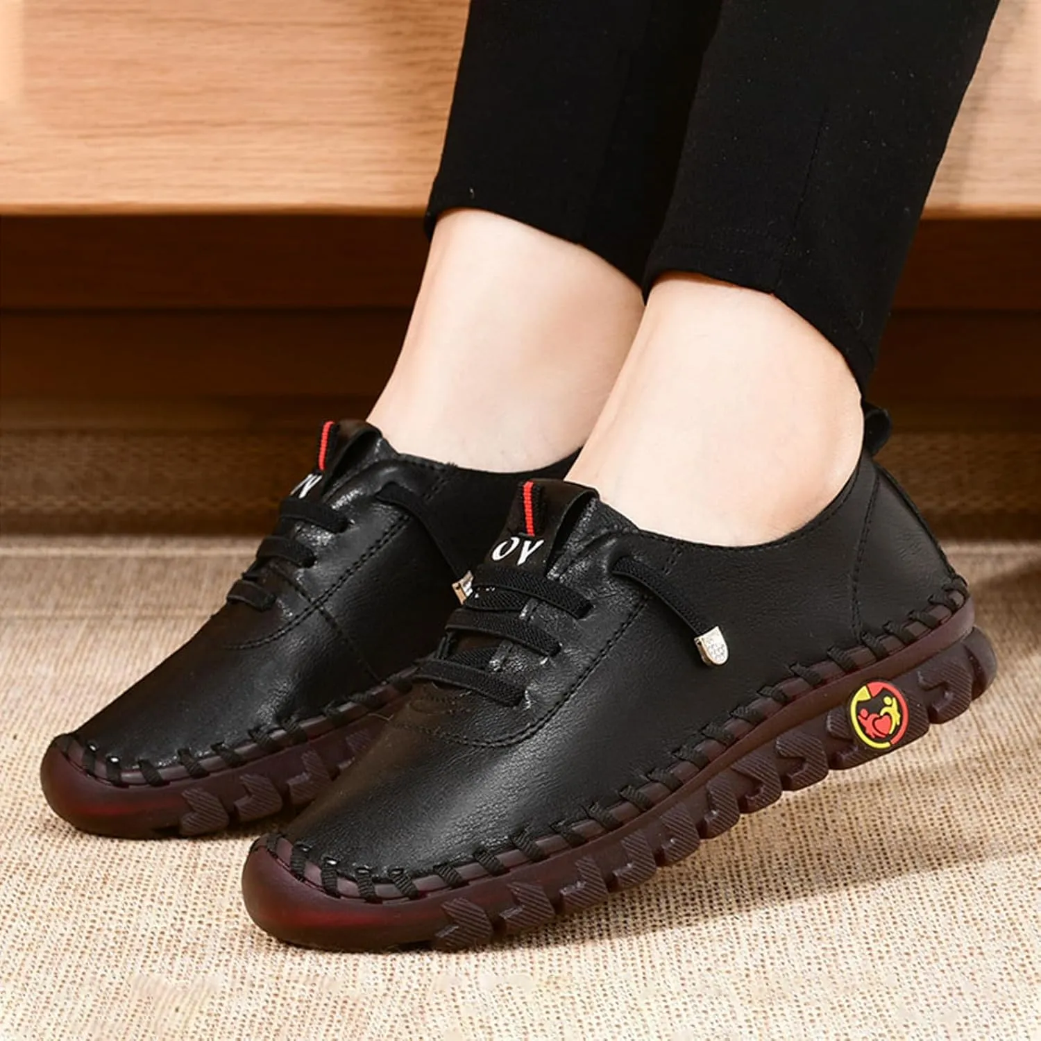AngryMonkey Women Leather Round Toe Flat Loafers,Handmade Non-Slip Good Arch Support Breathable Soft Bottom Walking Shoes Mom Loafers