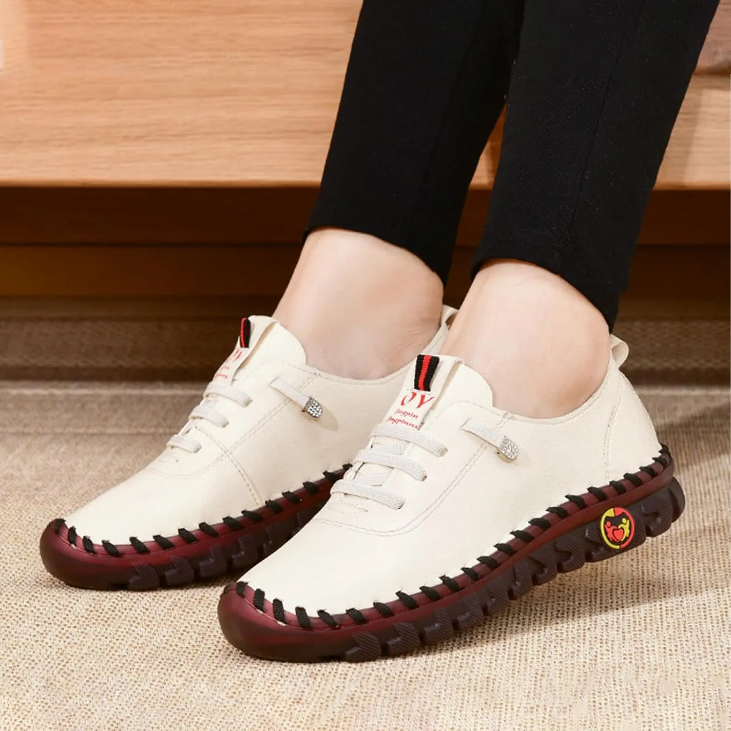 AngryMonkey Women Leather Round Toe Flat Loafers,Handmade Non-Slip Good Arch Support Breathable Soft Bottom Walking Shoes Mom Loafers