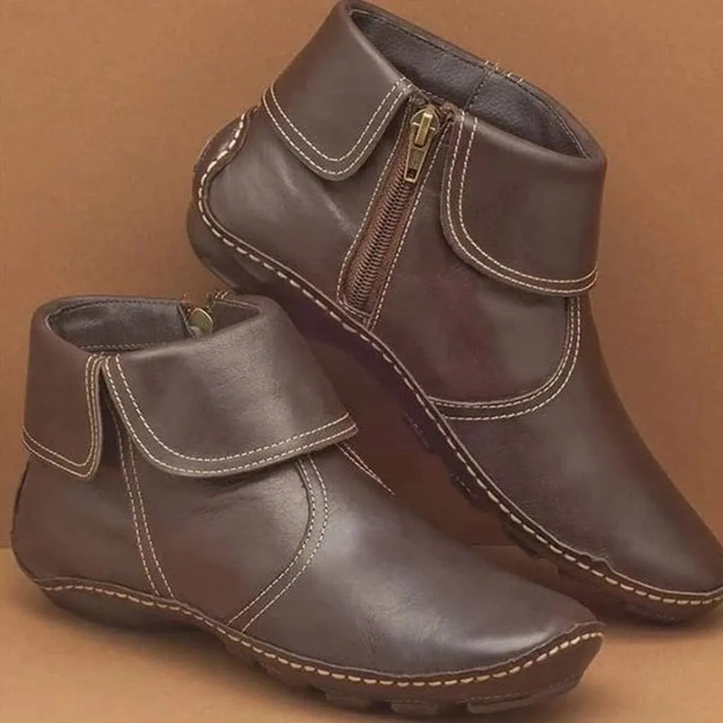 Ankle Boots for Women No Heel,2019 New Arch Support Booties Side Zip-up Vintage Leather Damping Shoes Flat Heel Booties