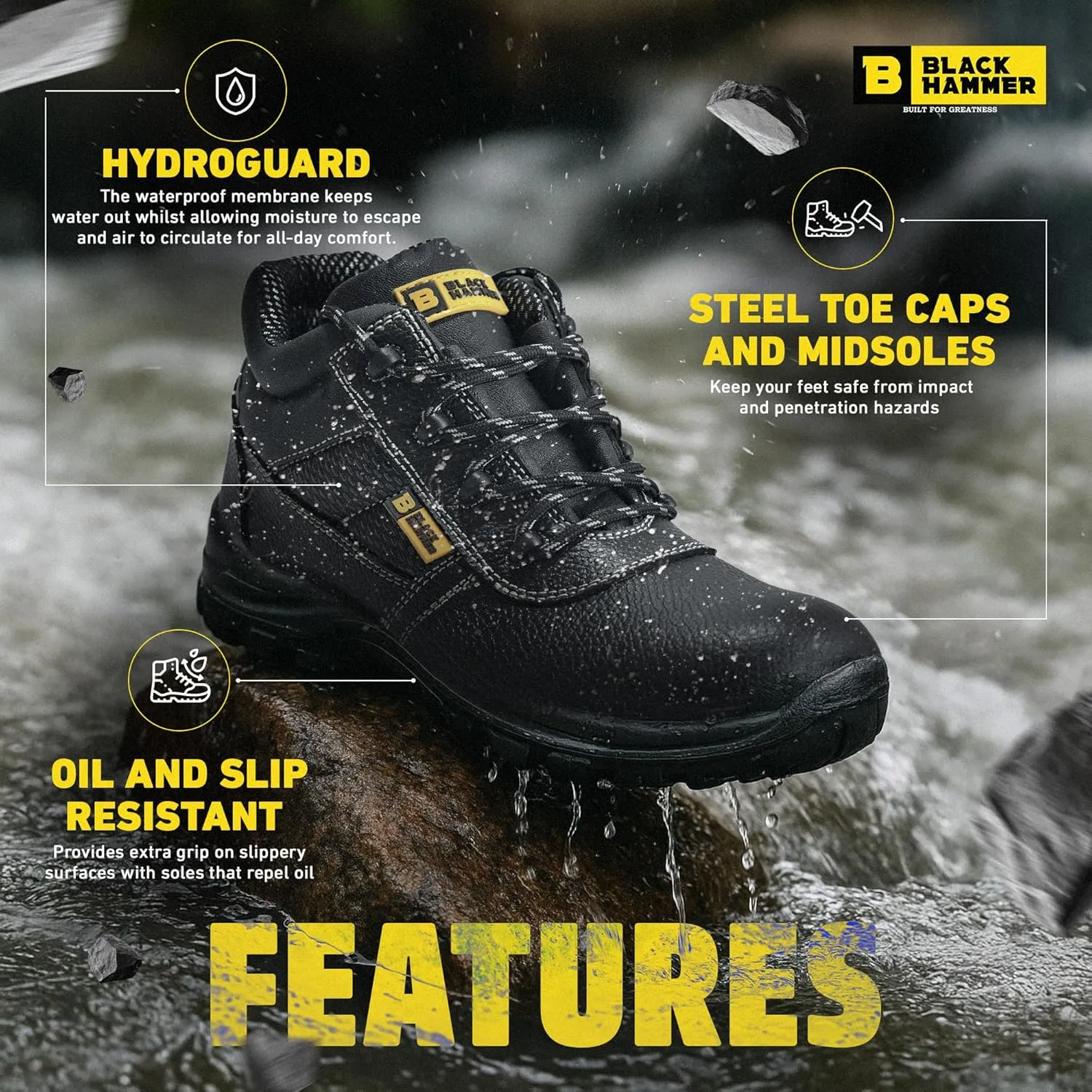 Black Hammer Mens Leather Safety Waterproof Boots S3 SRC Steel Toe Cap Work Shoes Ankle Leather 1007