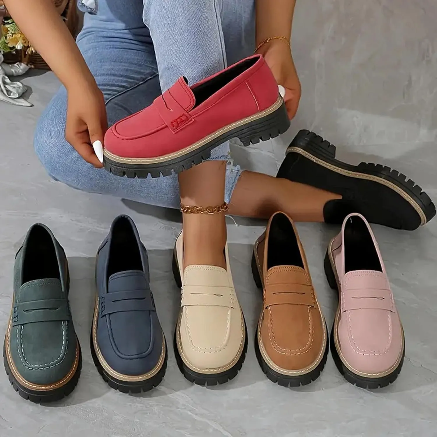 Bootara Loafers Women,Bootara Women's Plus Size Casual Retro Suede Loafers with Chunky Heel Platform,Comfort Shoes