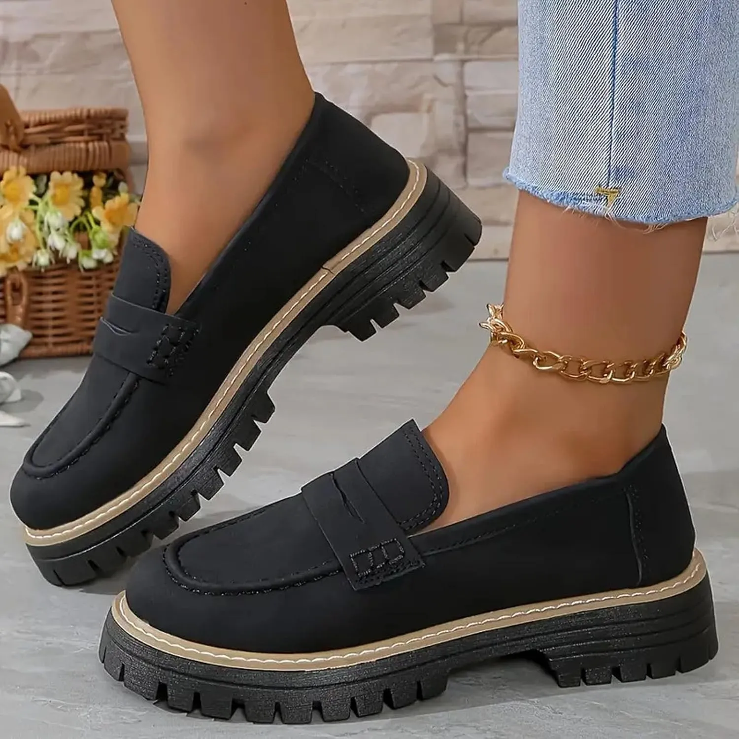 Bootara Loafers Women,Bootara Women's Plus Size Casual Retro Suede Loafers with Chunky Heel Platform,Comfort Shoes