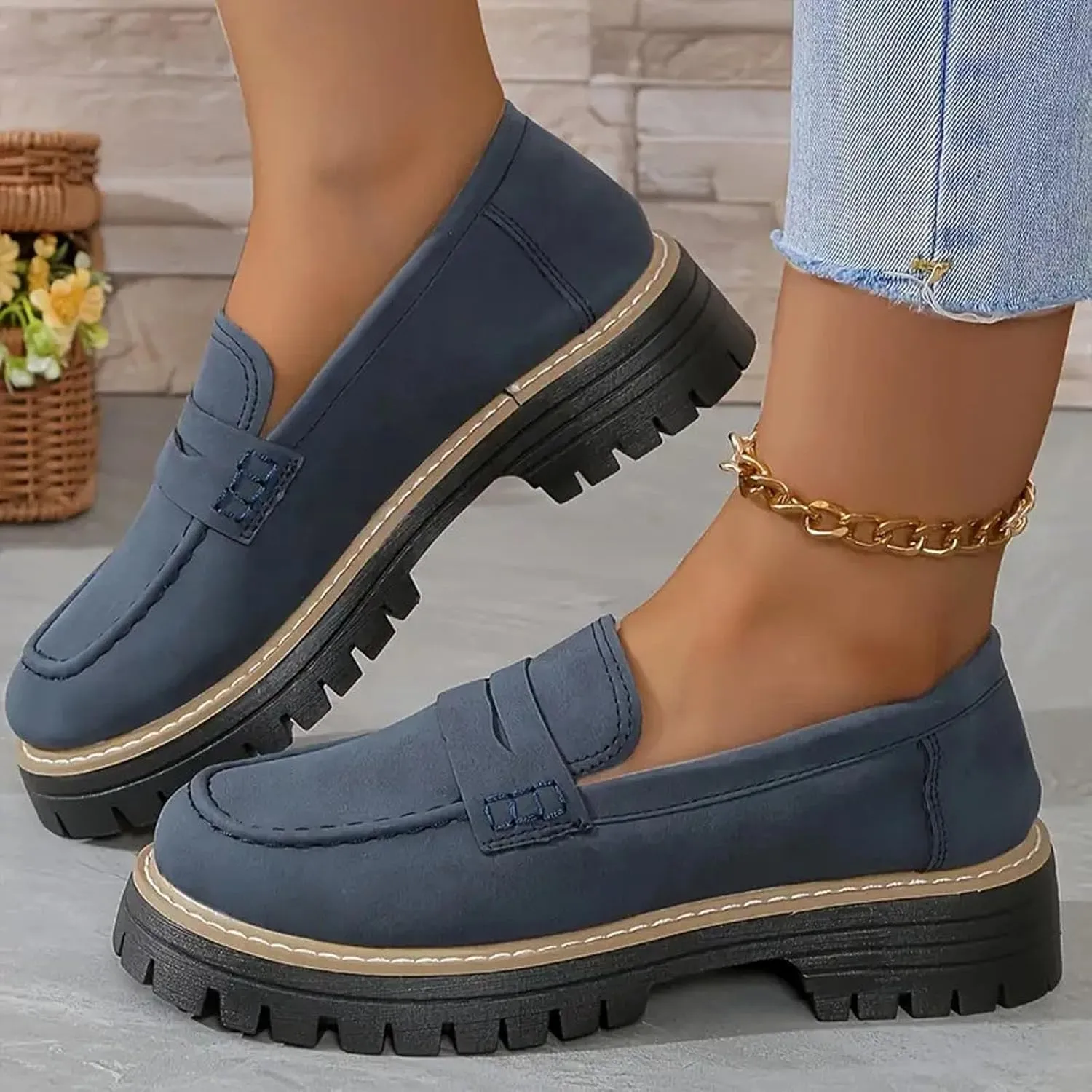 Bootara Loafers Women,Bootara Women's Plus Size Casual Retro Suede Loafers with Chunky Heel Platform,Comfort Shoes
