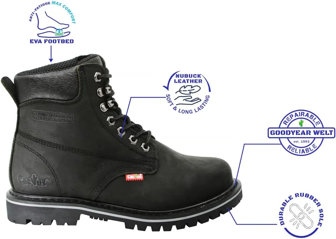 Cactus Men’s 611 Insulated Soft Toe 6” Construction Roofing Work Boots Nubuck Leather Rubber Sole Comfortable Industrial Construction Boots