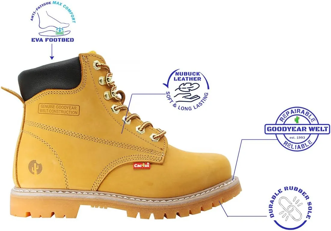 Cactus Men’s 611 Insulated Soft Toe 6” Construction Roofing Work Boots Nubuck Leather Rubber Sole Comfortable Industrial Construction Boots