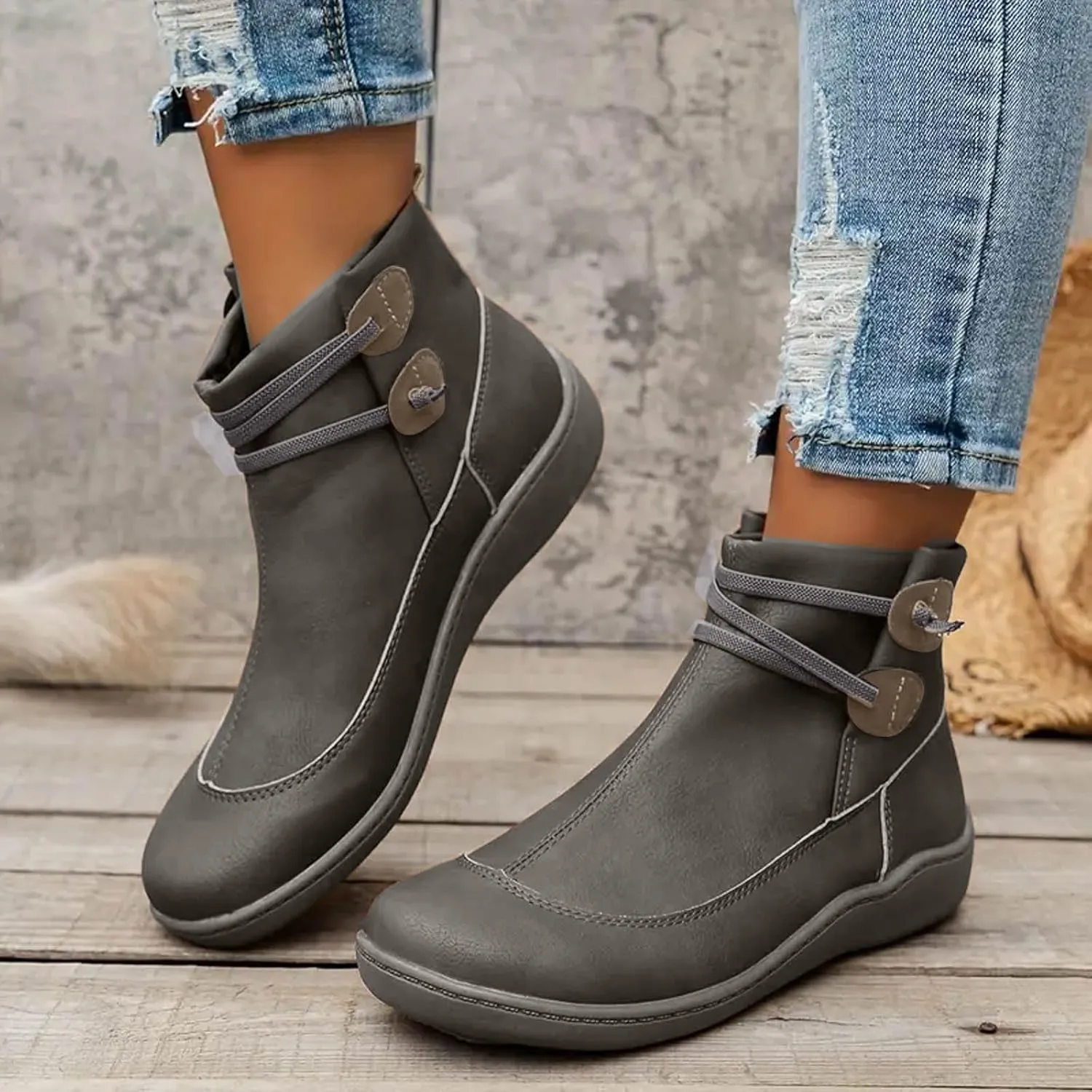 Cathalem Ankle Booties for Women, Premium Orthopedic Ankle Boots Arch Support Leather Comfortable Side Zip Wedge Booties