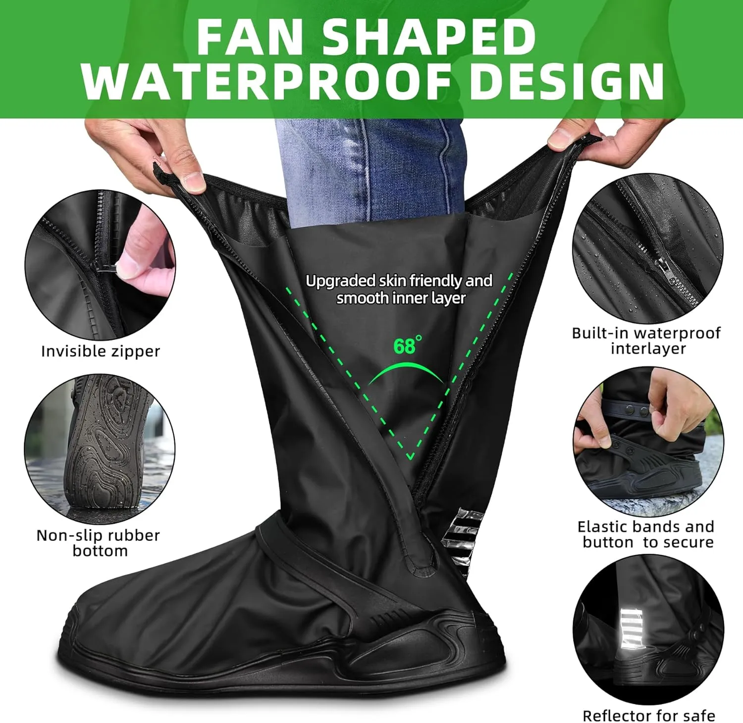 Desoto Premium Waterproof Rain Boot Shoe Cover with Zipper & Reflector, for Women & Men, Heavy Duty & Reusable
