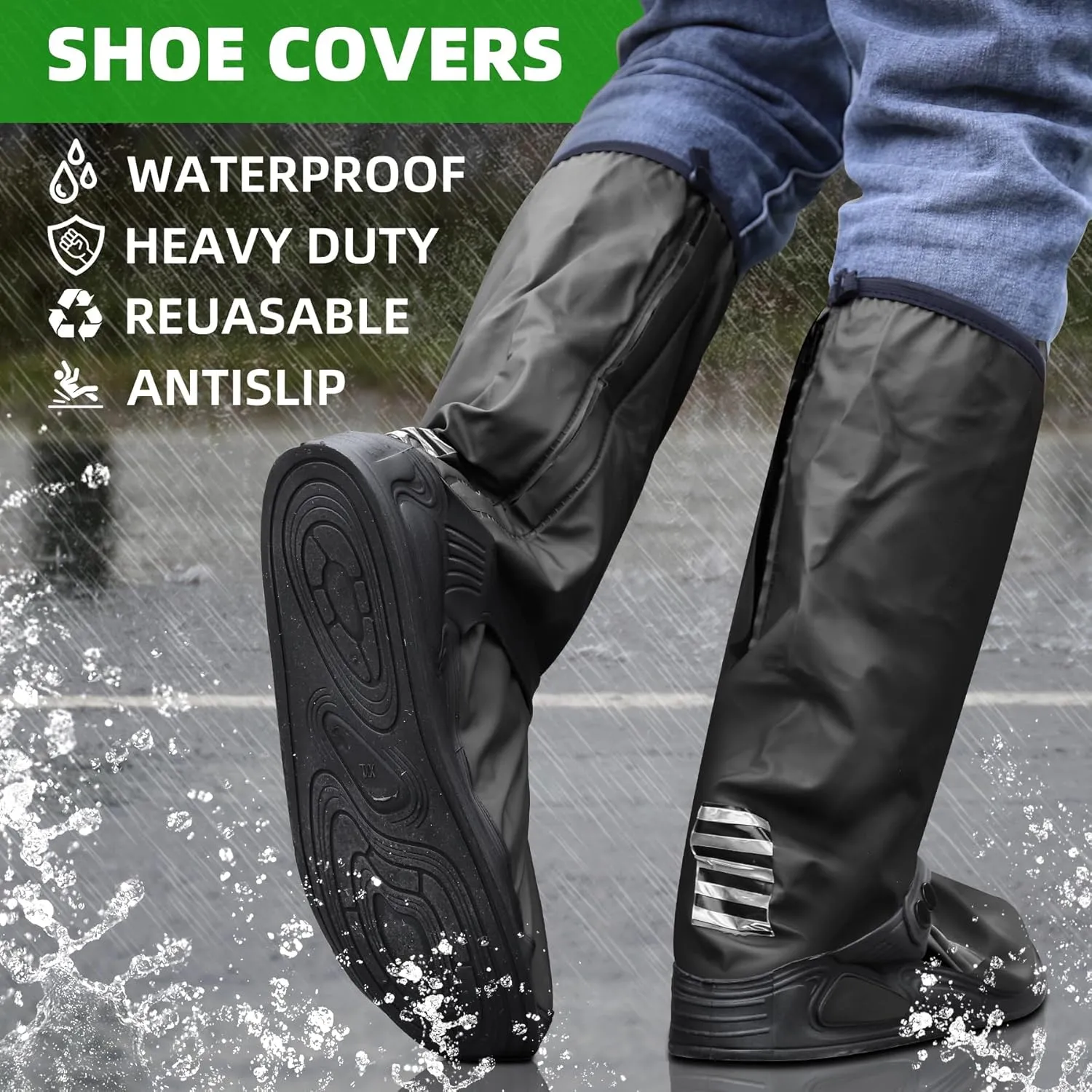 Desoto Premium Waterproof Rain Boot Shoe Cover with Zipper & Reflector, for Women & Men, Heavy Duty & Reusable