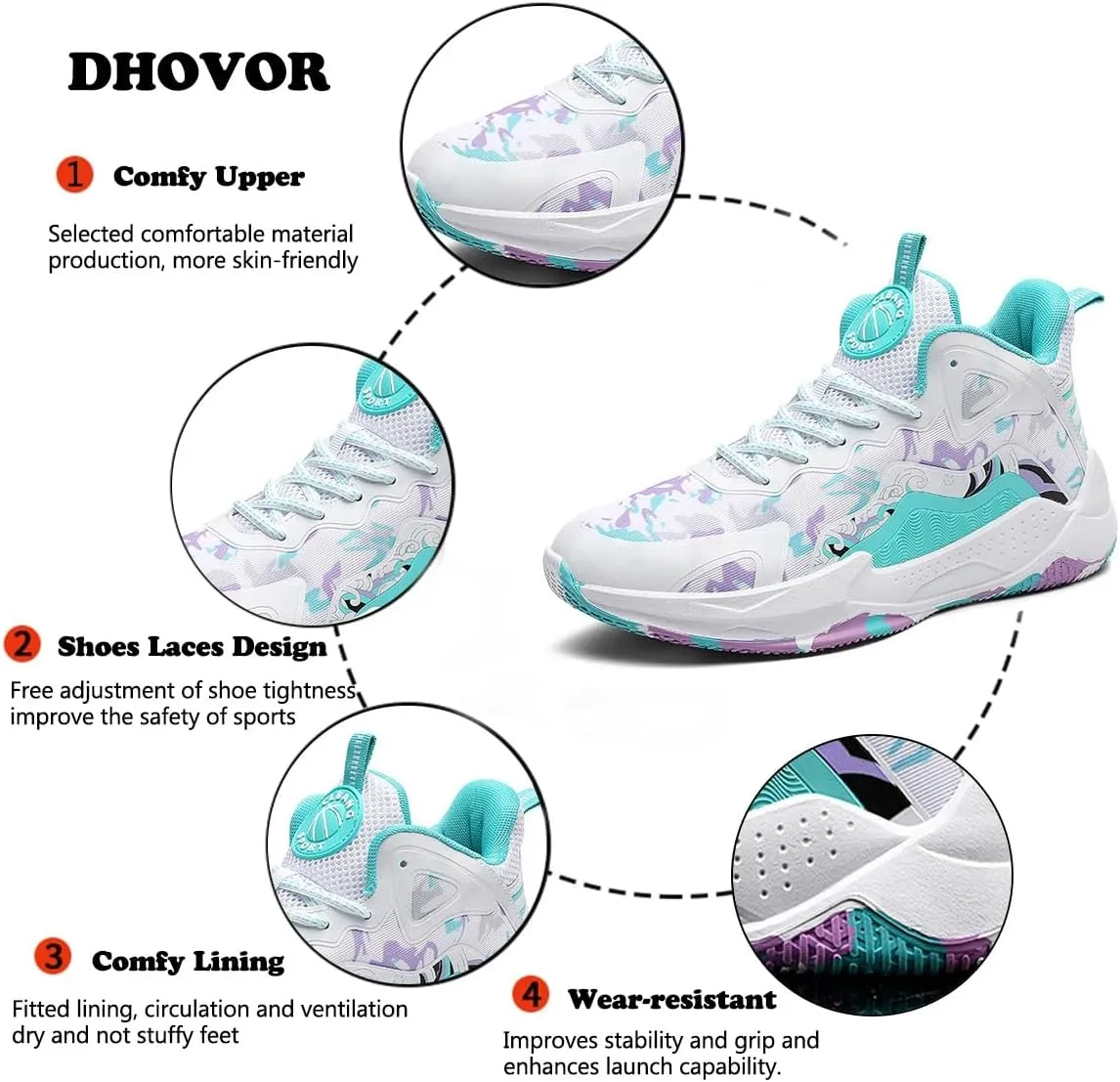 DHOVOR Womens Basketball Shoes, Teenager Fashion Basketball Sneakers, Anti-Slip Basketball Trainers Sports Shoes for Women Indoor and Outdoor