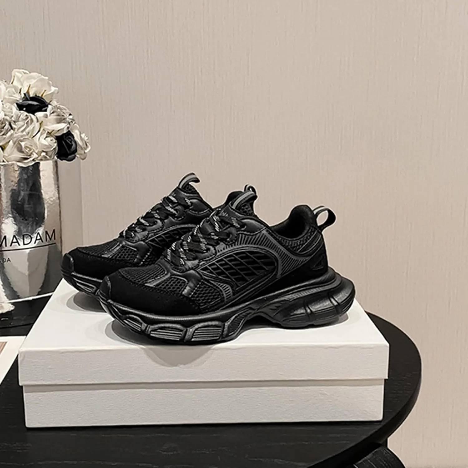 Fashion Women's Platform Trainers Lace-up Mesh Sneakers, Casual and Breathable Lightweight Autumn Shoes, Black, Perfect for Couples,Black-39