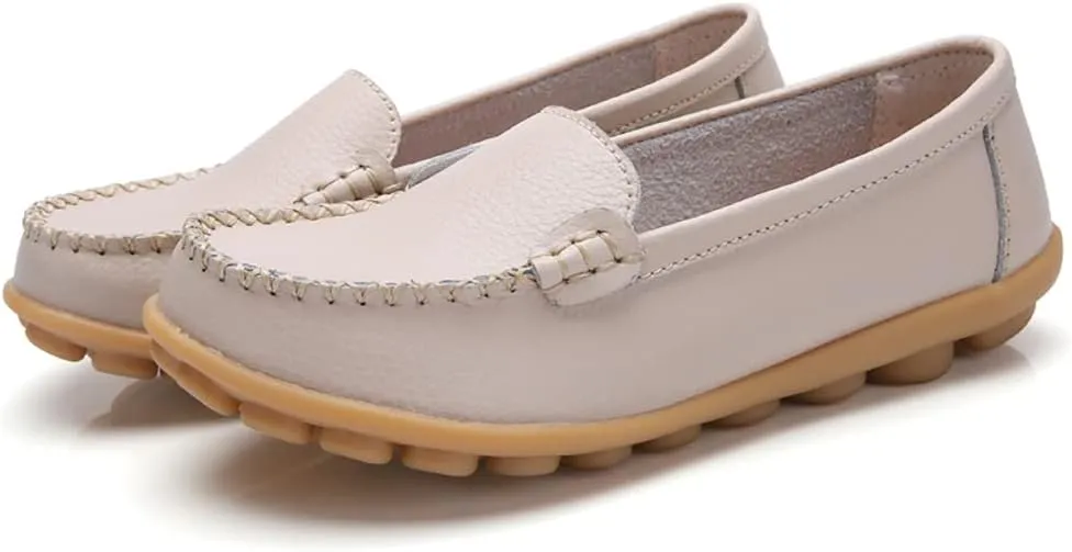 FolHaoth Womens Leather Loafers Comfortable Slip On Flats Casual Shoes Round Toe Moccasins Wild Walking Nurse Breathable Driving Fashion Soft Shoes