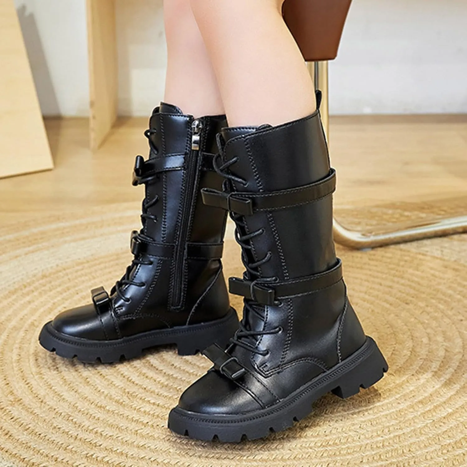Girls Boots Lace Up Mid Calf Boots Fashion Faux Leather Boots Breathable Hiking Boots Cute Dress Shoes for Girls