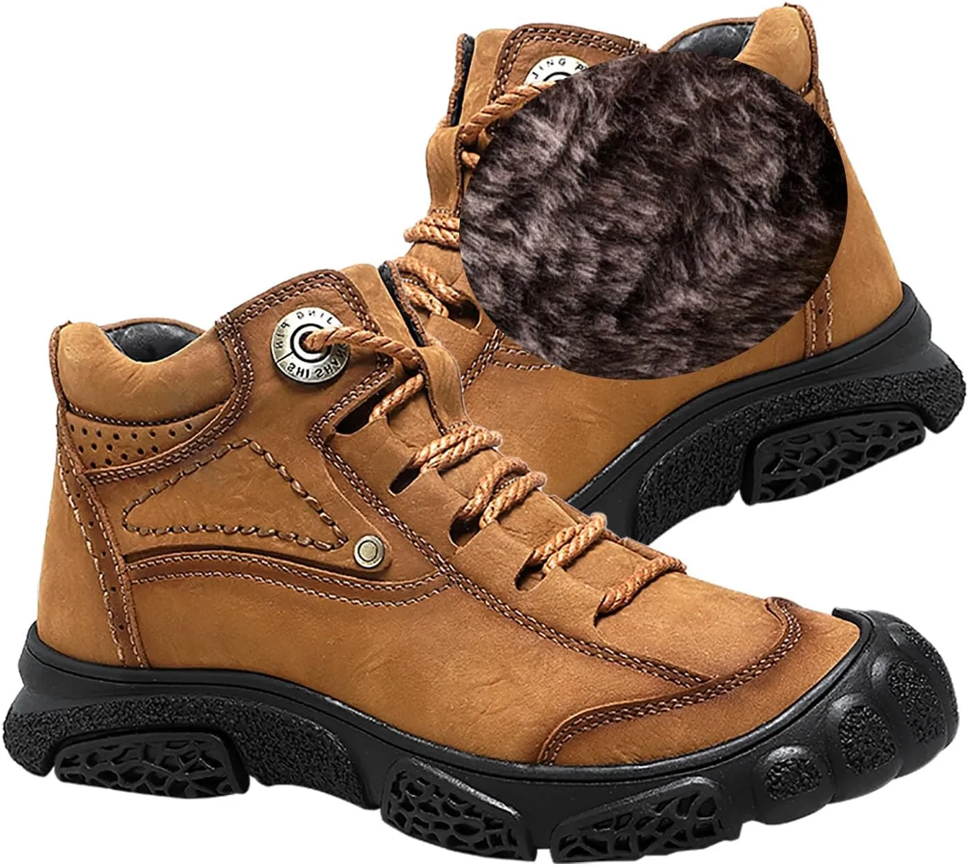 HESBITEUL Unisex Hiking Leather Boots Non-Slip Breathable Chukka with Fur Lining