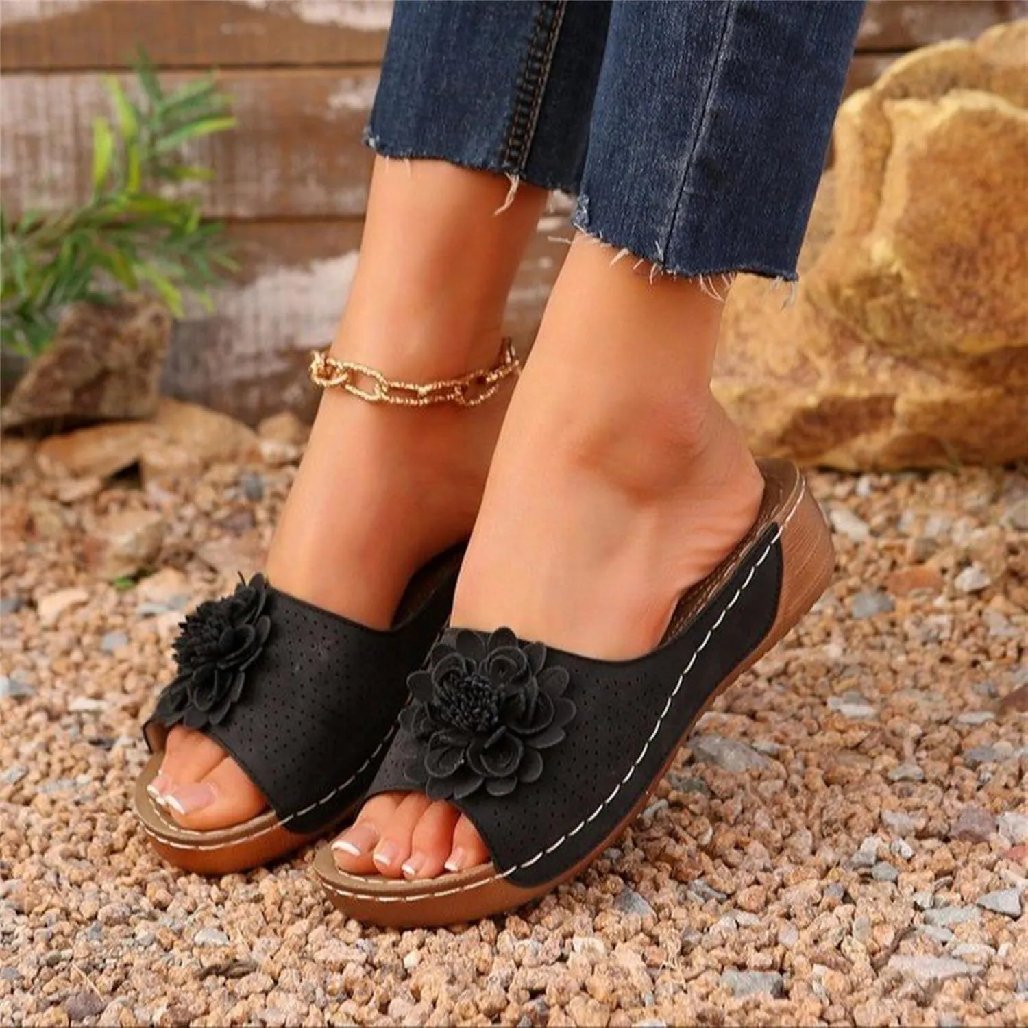 Kubbon Flowers Orthopedic Sandals for Women Arch Supprot Casual Wedge Open Toe Sandals Non Slip Boho Slippers Lightweight Soft Leather Slippers