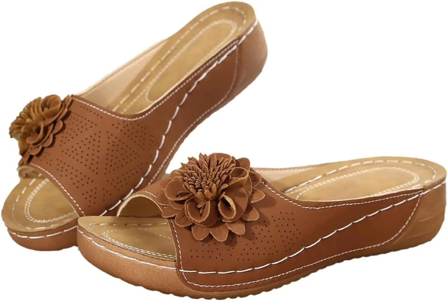 Kubbon Flowers Orthopedic Sandals for Women Arch Supprot Casual Wedge Open Toe Sandals Non Slip Boho Slippers Lightweight Soft Leather Slippers