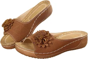 Kubbon Flowers Orthopedic Sandals for Women Arch Supprot Casual Wedge Open Toe Sandals Non Slip Boho Slippers Lightweight Soft Leather Slippers