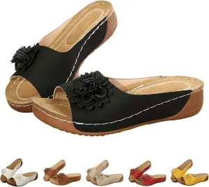 Kubbon Flowers Orthopedic Sandals for Women Arch Supprot Casual Wedge Open Toe Sandals Non Slip Boho Slippers Lightweight Soft Leather Slippers
