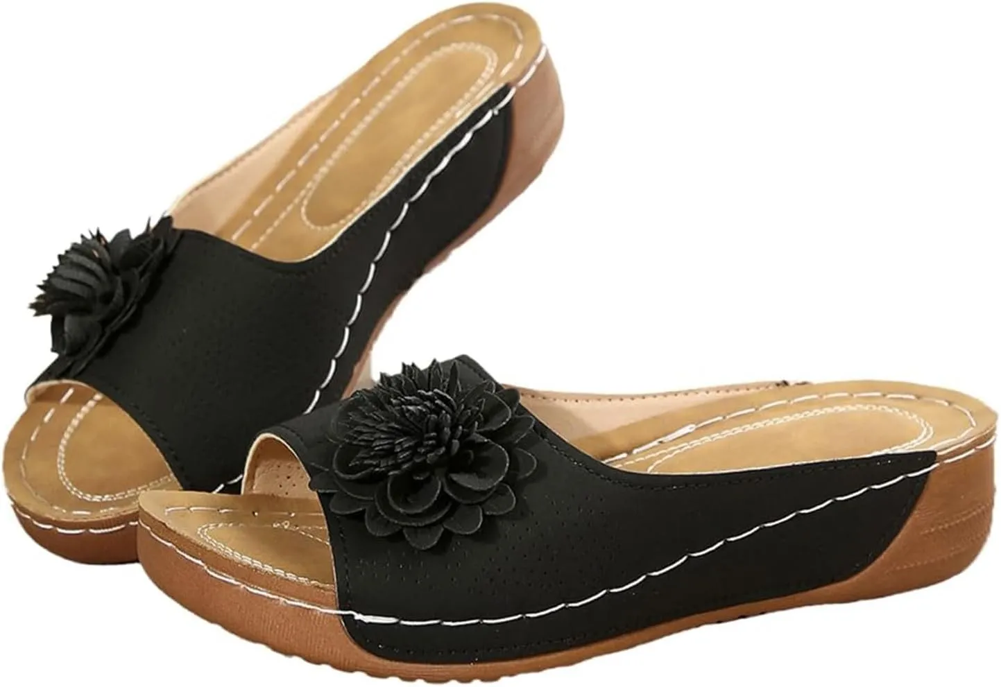 Kubbon Flowers Orthopedic Sandals for Women Arch Supprot Casual Wedge Open Toe Sandals Non Slip Boho Slippers Lightweight Soft Leather Slippers