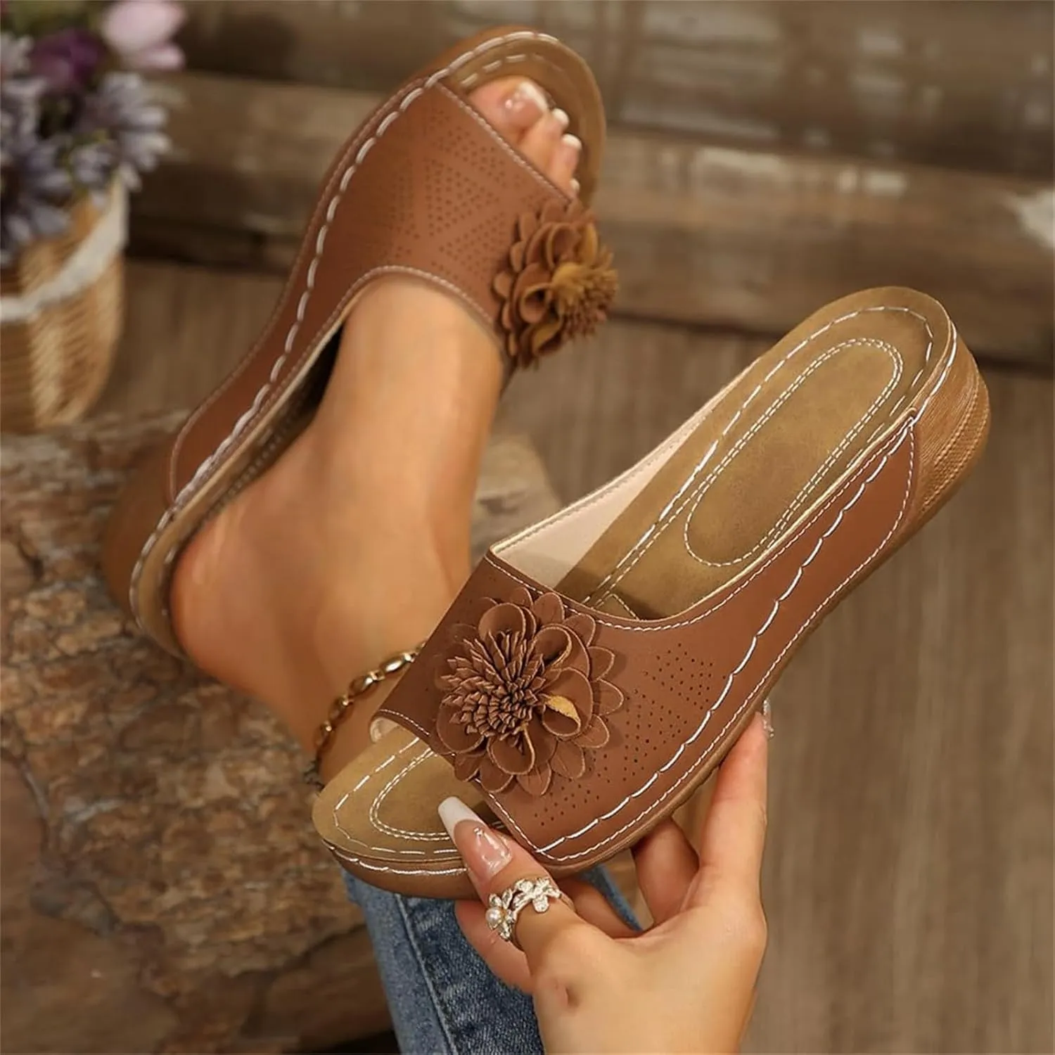 Kubbon Flowers Orthopedic Sandals for Women Arch Supprot Casual Wedge Open Toe Sandals Non Slip Boho Slippers Lightweight Soft Leather Slippers