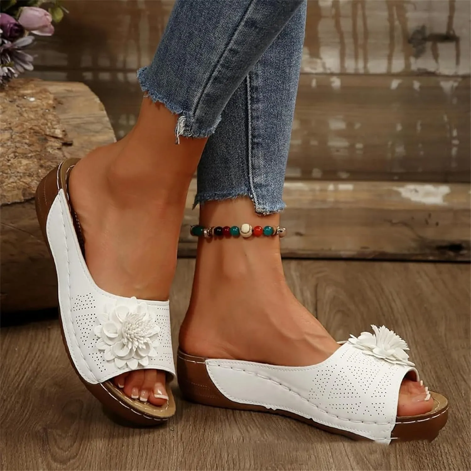 Kubbon Flowers Orthopedic Sandals for Women Arch Supprot Casual Wedge Open Toe Sandals Non Slip Boho Slippers Lightweight Soft Leather Slippers