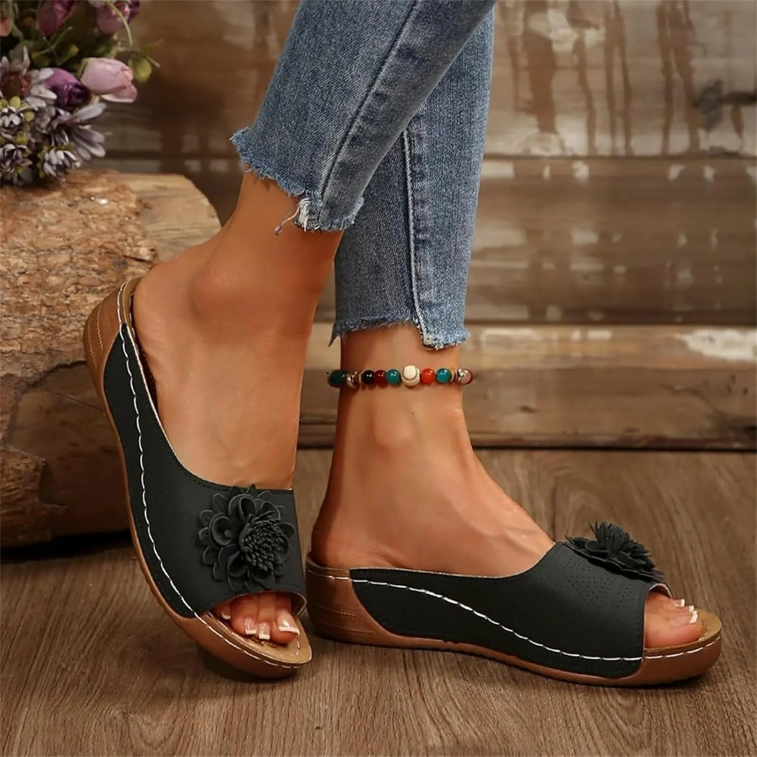 Kubbon Flowers Orthopedic Sandals for Women Arch Supprot Casual Wedge Open Toe Sandals Non Slip Boho Slippers Lightweight Soft Leather Slippers