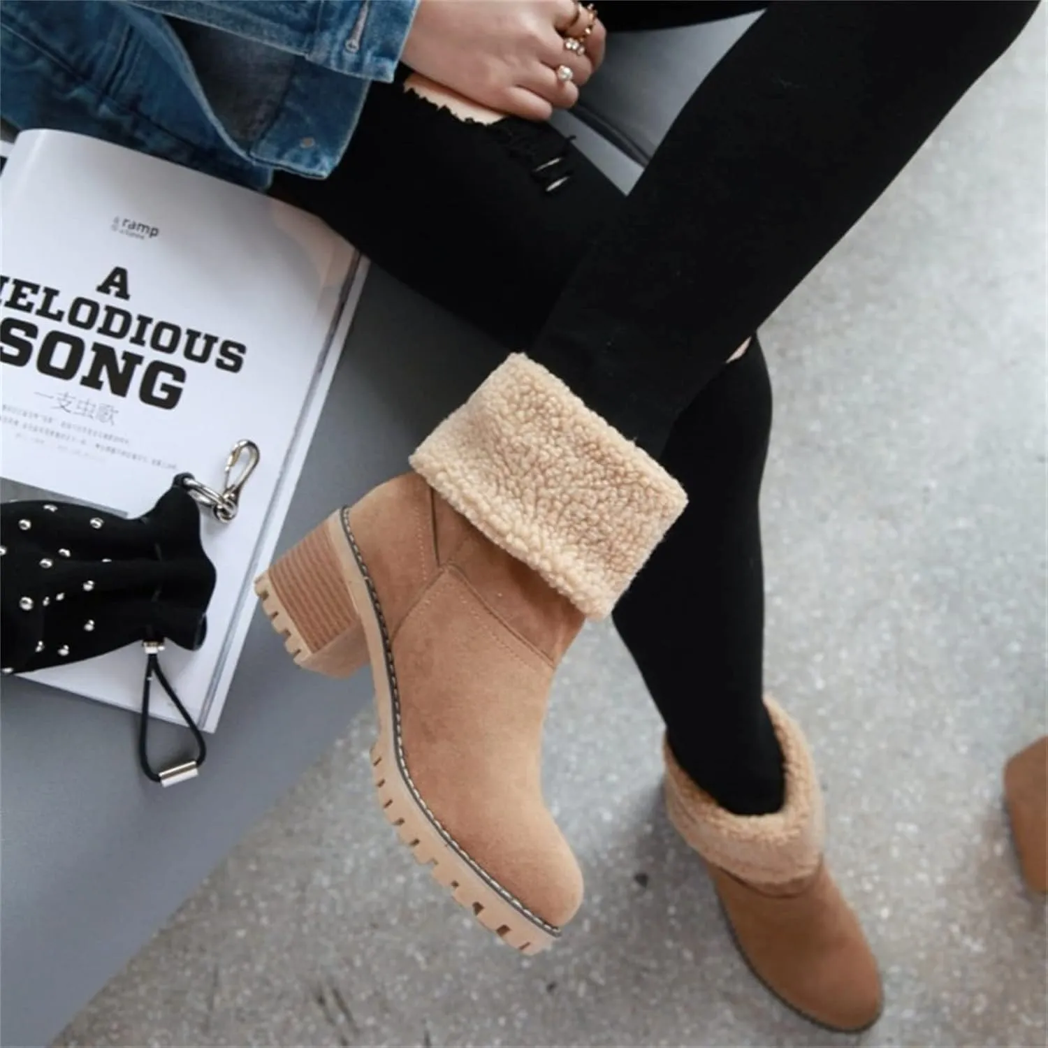 Ladmiple Winter Boots For Women Fashion Warm Faux Fur Lined Mid Calf Snow Boots Comfortable Walking Slip On Ankle Booties