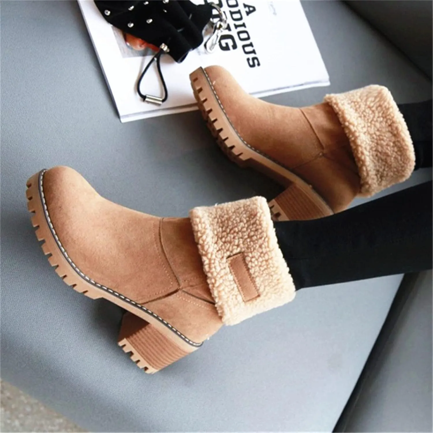 Ladmiple Winter Boots For Women Fashion Warm Faux Fur Lined Mid Calf Snow Boots Comfortable Walking Slip On Ankle Booties