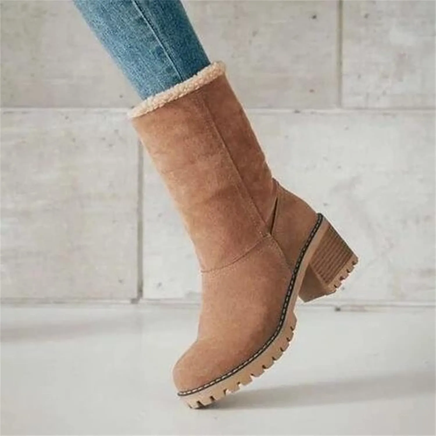 Ladmiple Winter Boots For Women Fashion Warm Faux Fur Lined Mid Calf Snow Boots Comfortable Walking Slip On Ankle Booties