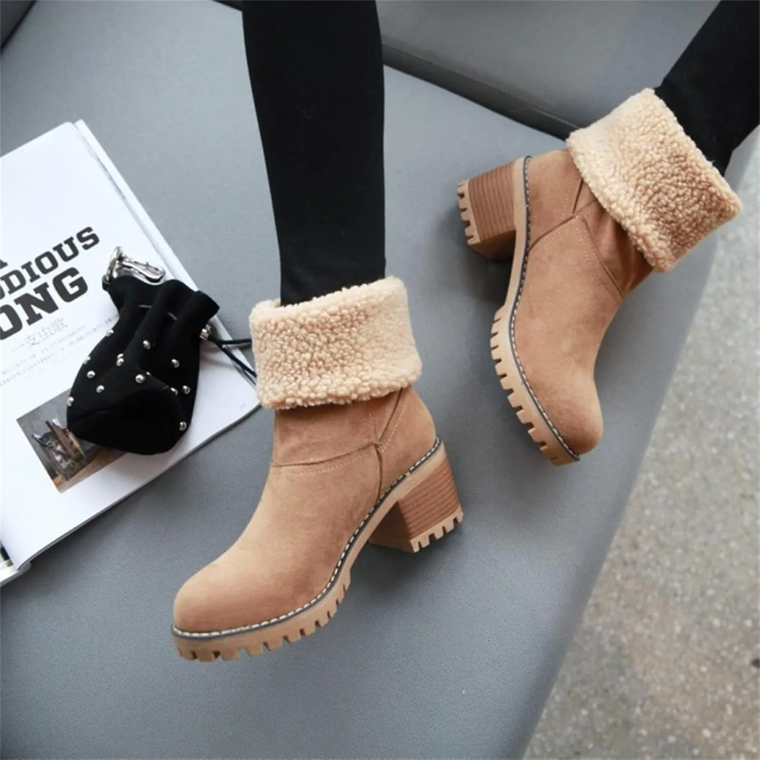 Ladmiple Winter Boots For Women Fashion Warm Faux Fur Lined Mid Calf Snow Boots Comfortable Walking Slip On Ankle Booties