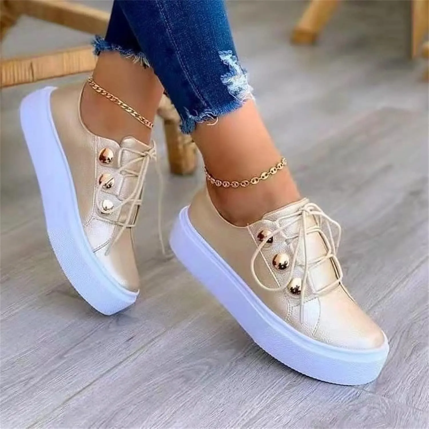 Lausiuoe Shoes For Women Dressy Casual Platform Leather Sneakers Low Cut Fashion Comfortable Walking Slip On Flat Loafers