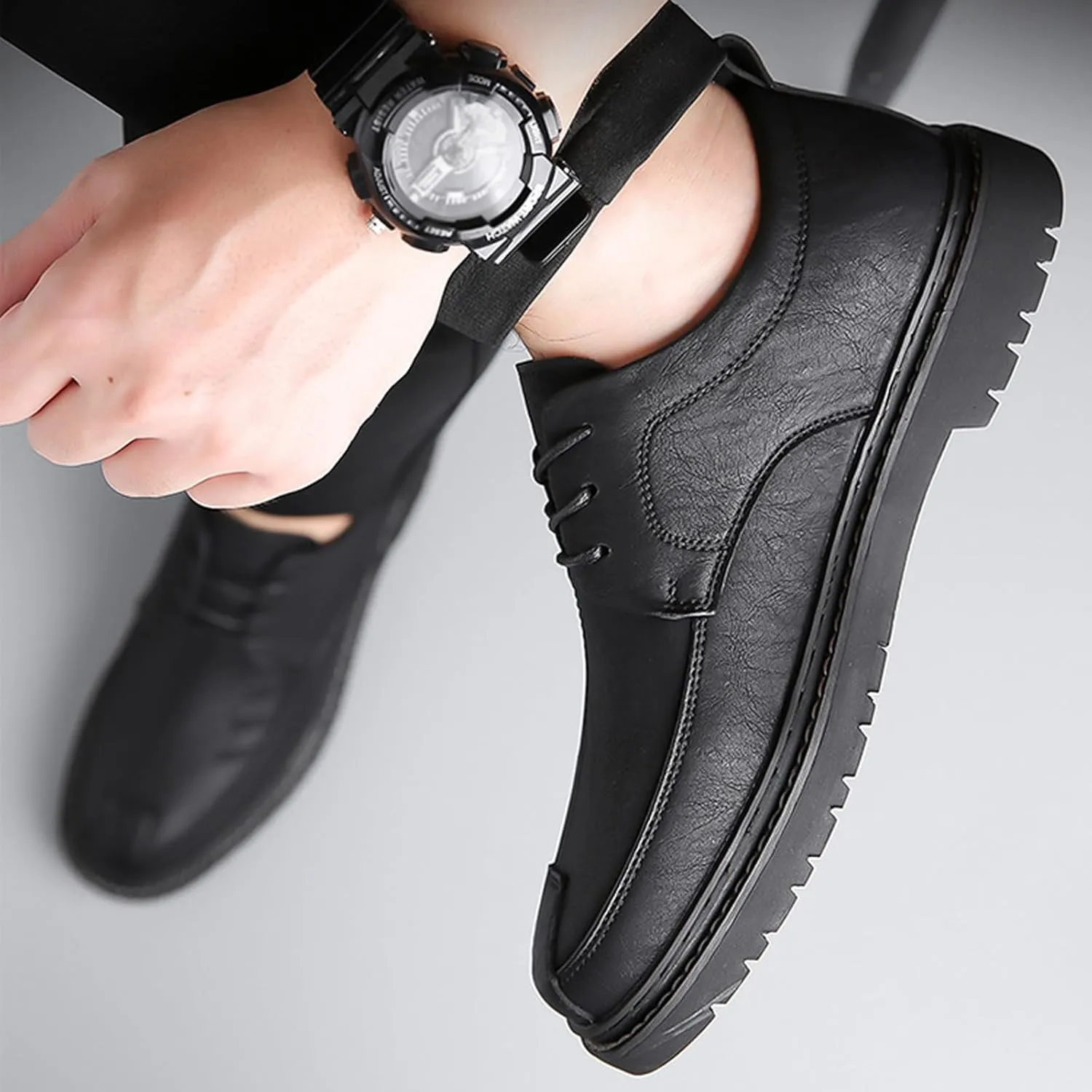 Men's Hand Stitching Leather Lace Up Loafer,Vintage Breathable Soft-Faced Soft-Soled Leather Shoe Comfortable Slip on Flat Business Office Dress Driving Casual Outdoor Walking Shoes