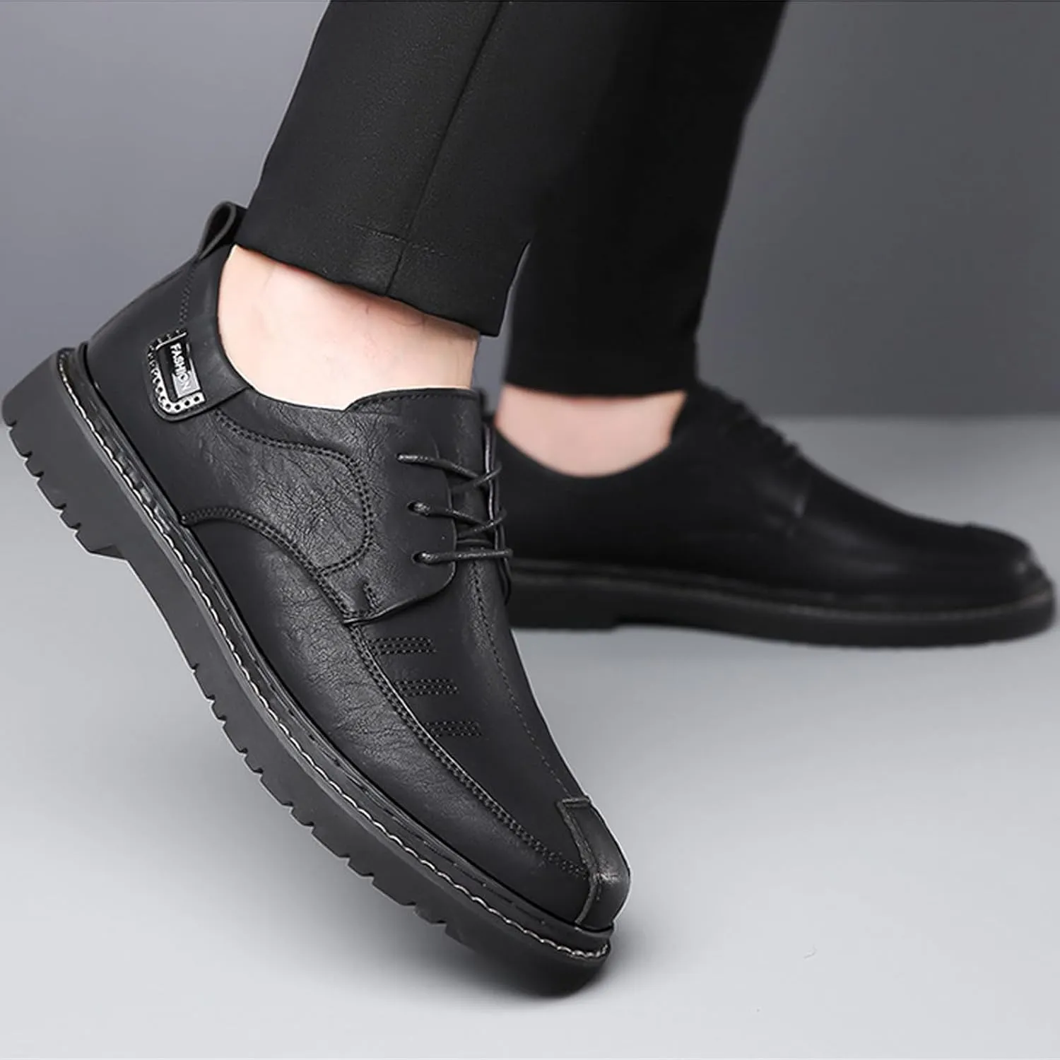 Men's Hand Stitching Leather Lace Up Loafer,Vintage Breathable Soft-Faced Soft-Soled Leather Shoe Comfortable Slip on Flat Business Office Dress Driving Casual Outdoor Walking Shoes