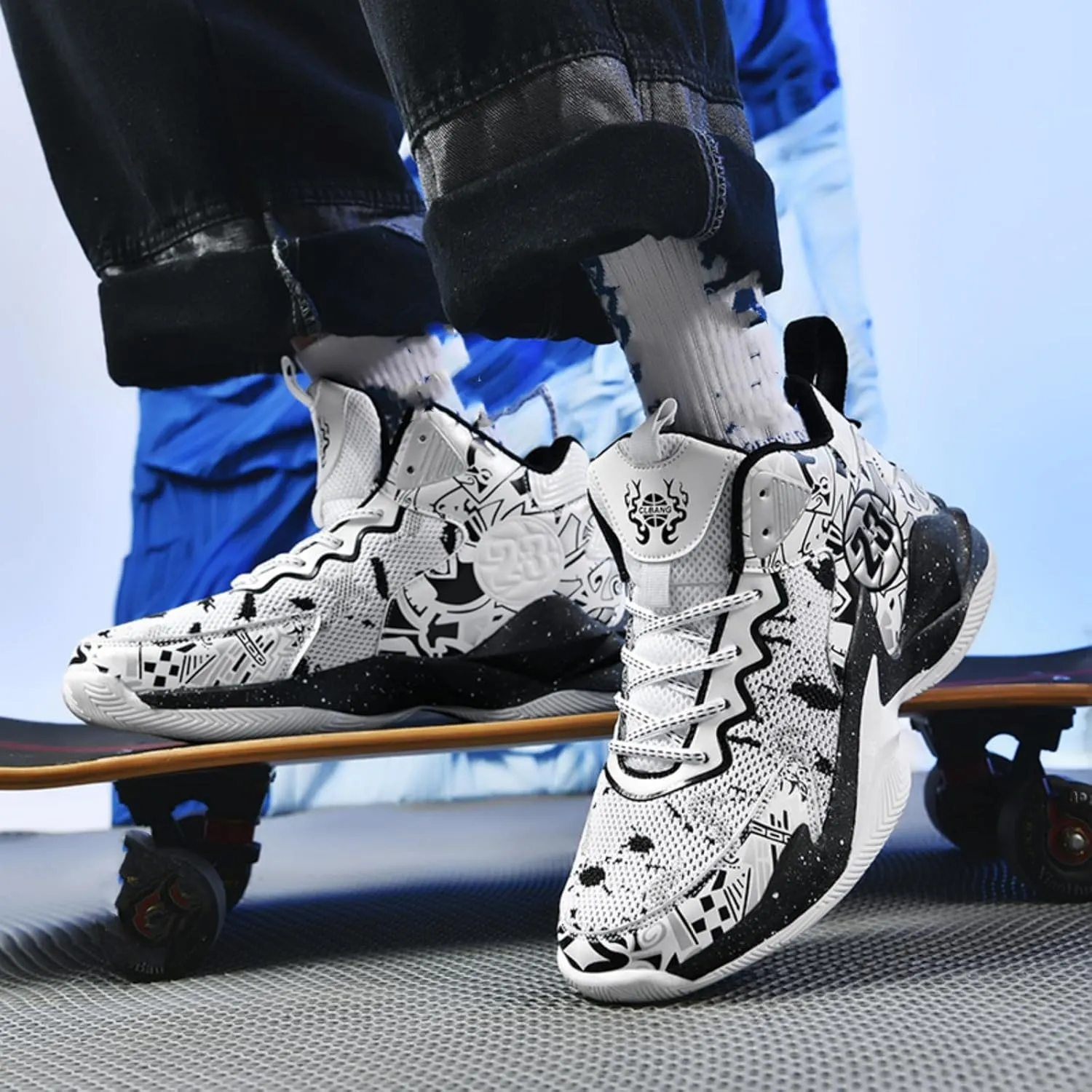 Mens High Top Lace Up Fashion Basketball Shoes with Arch Support Soft Running Shoes Non-Slip Train Sport Volleyball Sneakers Light Blue