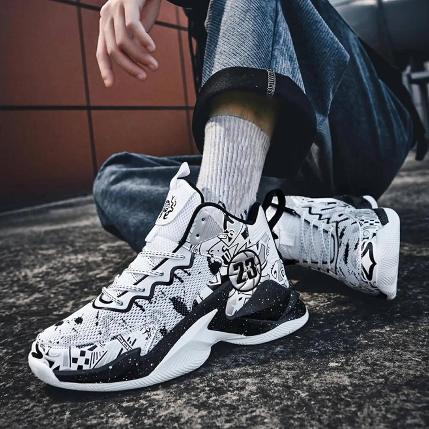 Mens High Top Lace Up Fashion Basketball Shoes with Arch Support Soft Running Shoes Non-Slip Train Sport Volleyball Sneakers Light Blue