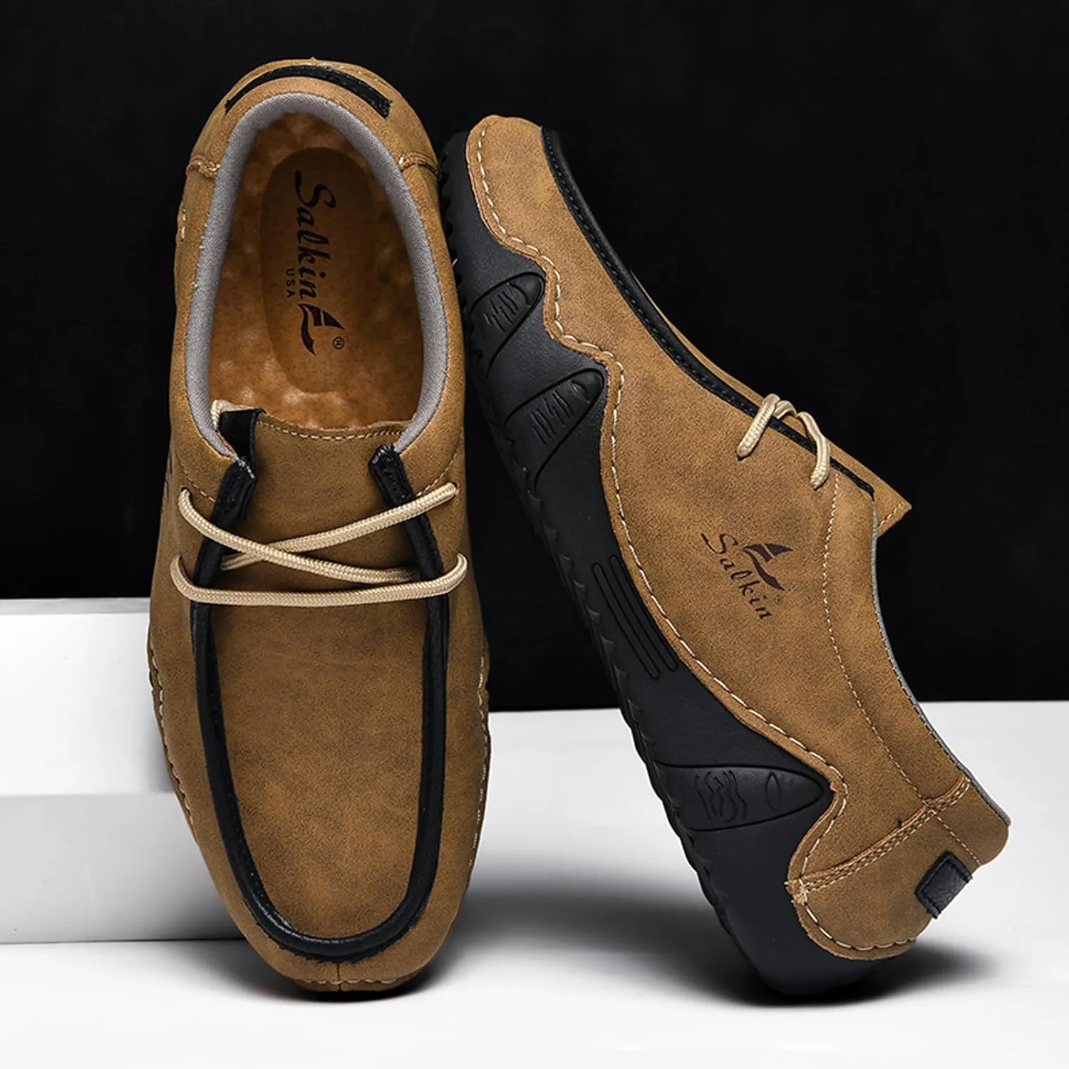 Men's Leather Slip On Casual Low Loafers Lightweight Non-Slip Flat Driving Walking Shoes Soft Moccasin Shoes