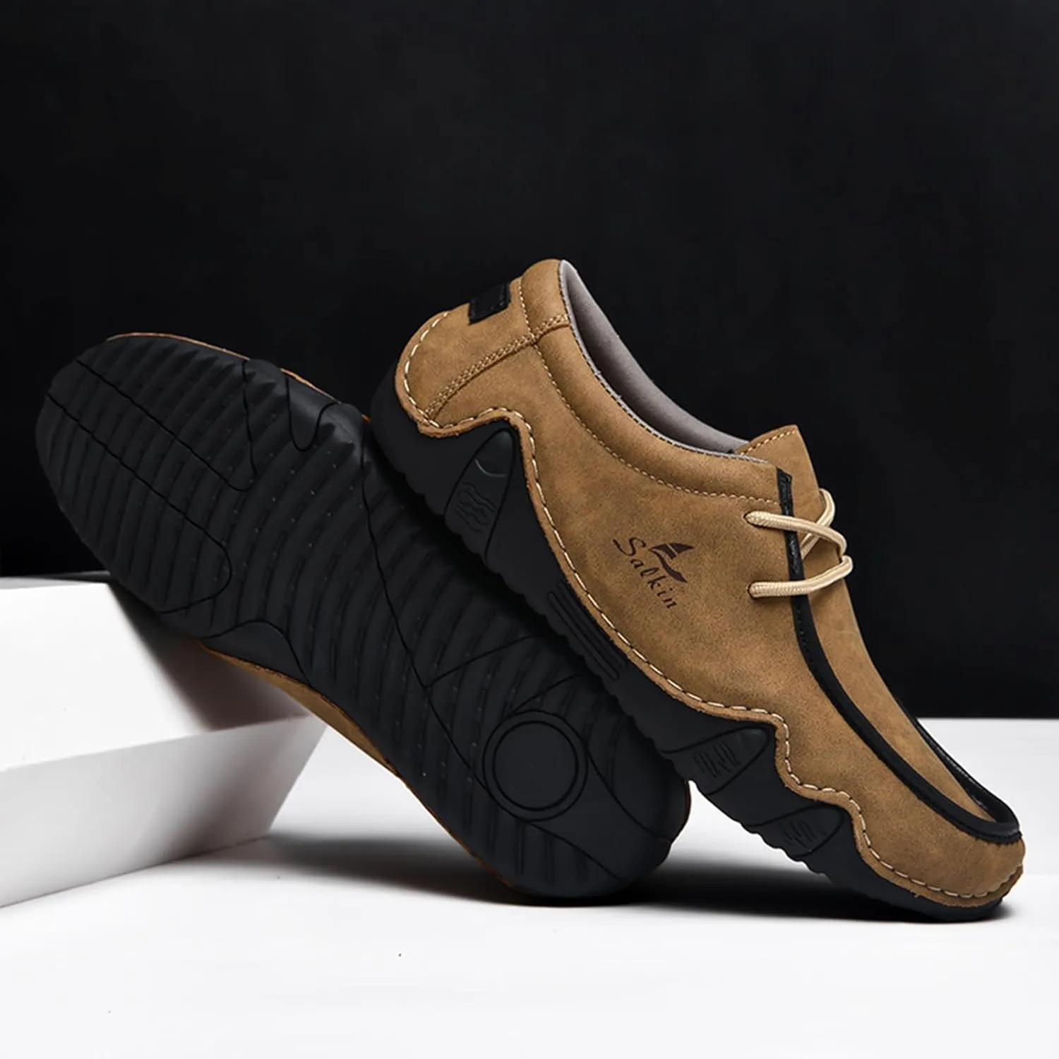 Men's Leather Slip On Casual Low Loafers Lightweight Non-Slip Flat Driving Walking Shoes Soft Moccasin Shoes