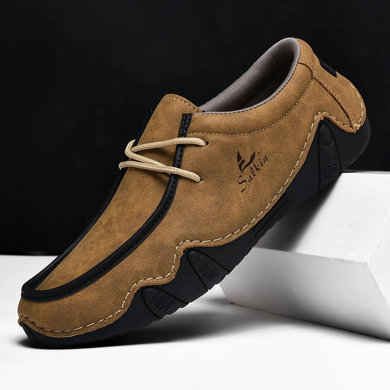 Men's Leather Slip On Casual Low Loafers Lightweight Non-Slip Flat Driving Walking Shoes Soft Moccasin Shoes