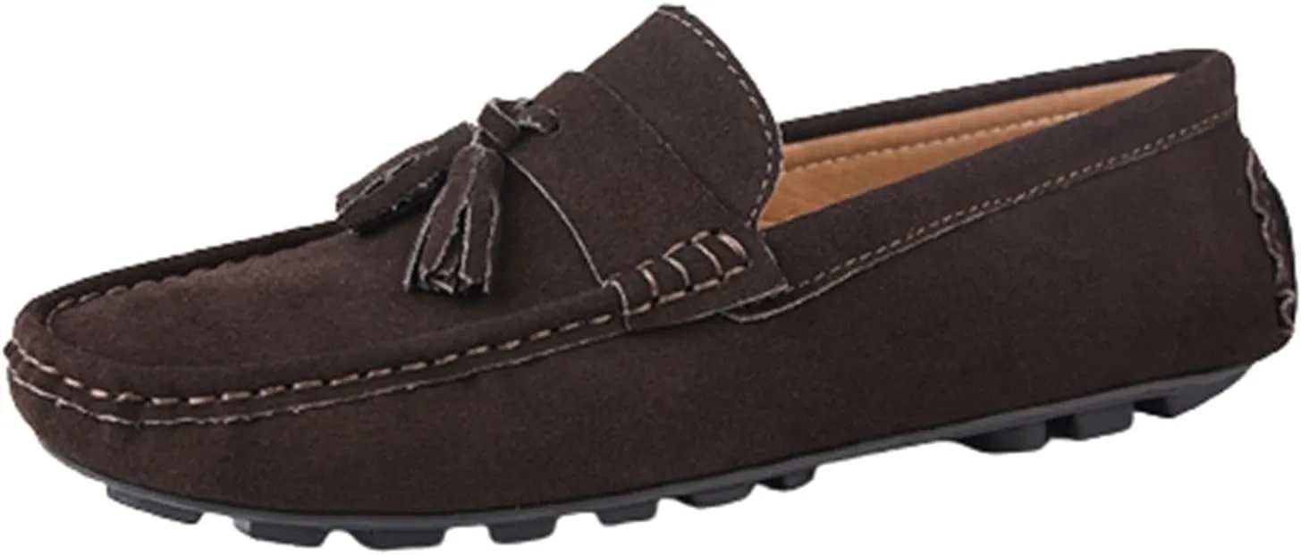 Men's PU Loafers with Tassel, Round Toe, Suede Vamp, Anti-Slip Flat Heel, Comfortable Slip-Ons with Stitching Details for Parties