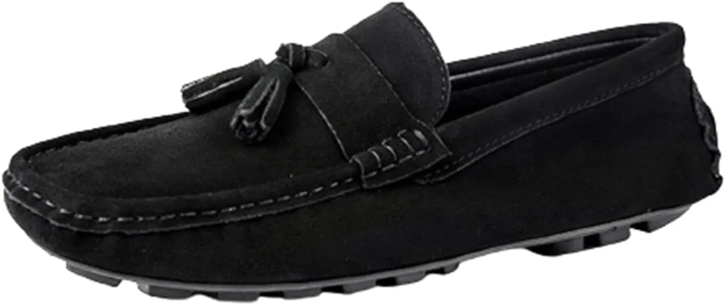 Men's PU Loafers with Tassel, Round Toe, Suede Vamp, Anti-Slip Flat Heel, Comfortable Slip-Ons with Stitching Details for Parties