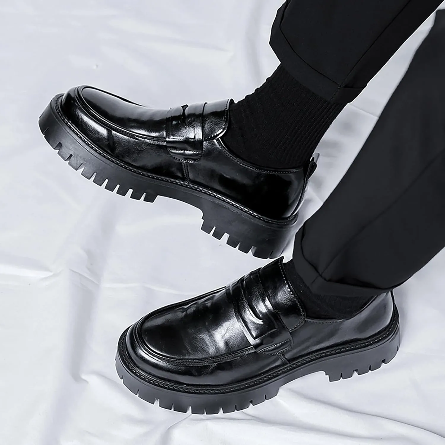 Men's Soft Leather Slip-On Platform Penny Loafers Comfortable Round Toe Lug Sole Chunky Heel Dress Shoes Fashion Retro Business Work Shoes