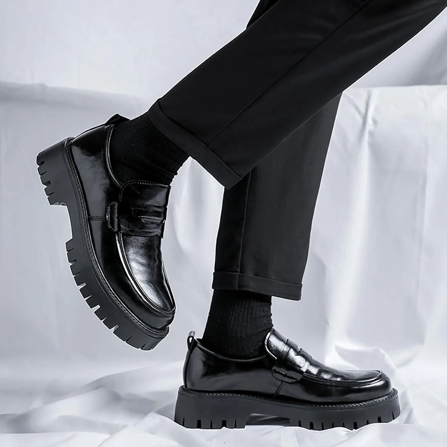 Men's Soft Leather Slip-On Platform Penny Loafers Comfortable Round Toe Lug Sole Chunky Heel Dress Shoes Fashion Retro Business Work Shoes