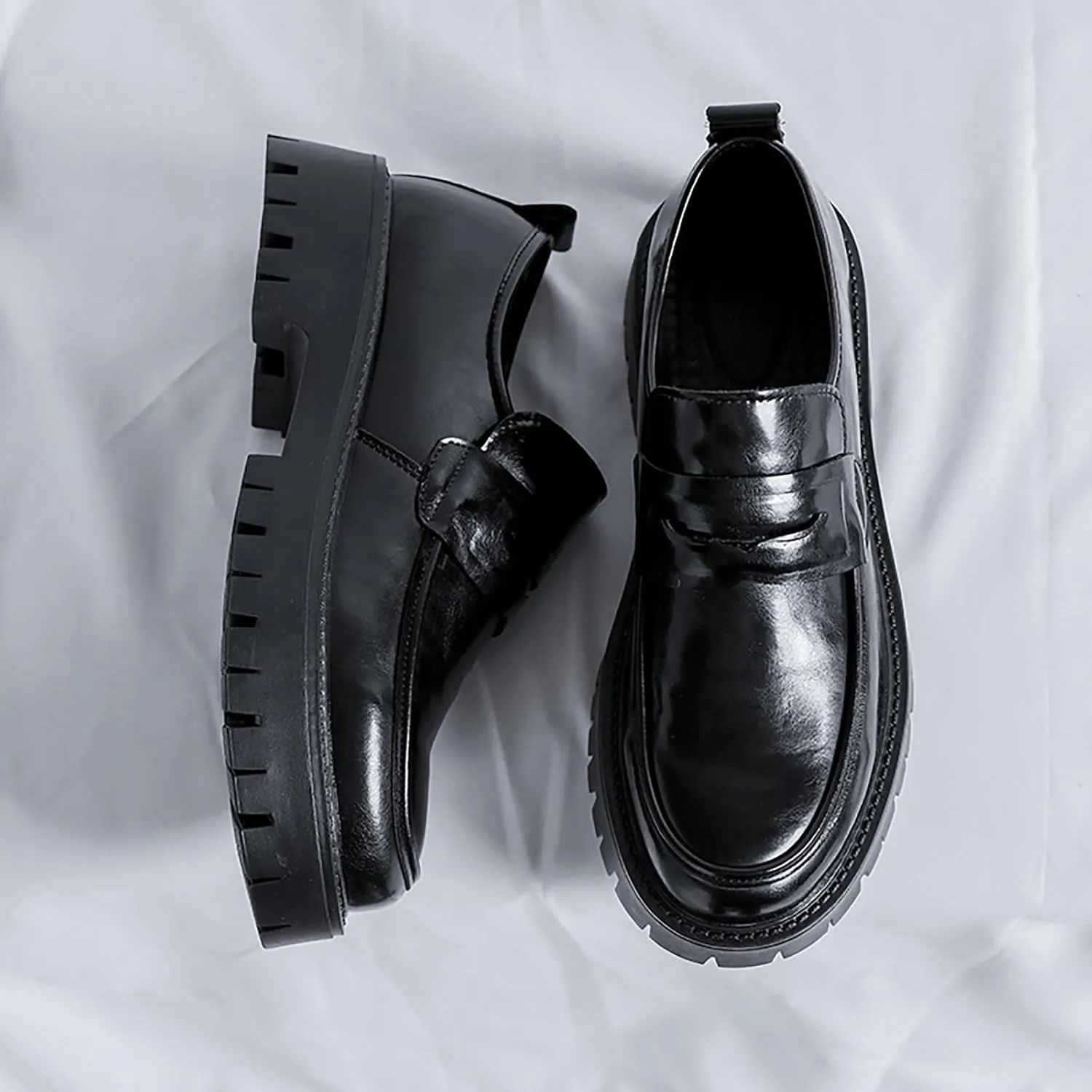 Men's Soft Leather Slip-On Platform Penny Loafers Comfortable Round Toe Lug Sole Chunky Heel Dress Shoes Fashion Retro Business Work Shoes