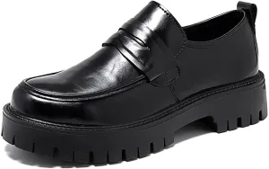 Men's Soft Leather Slip-On Platform Penny Loafers Comfortable Round Toe Lug Sole Chunky Heel Dress Shoes Fashion Retro Business Work Shoes