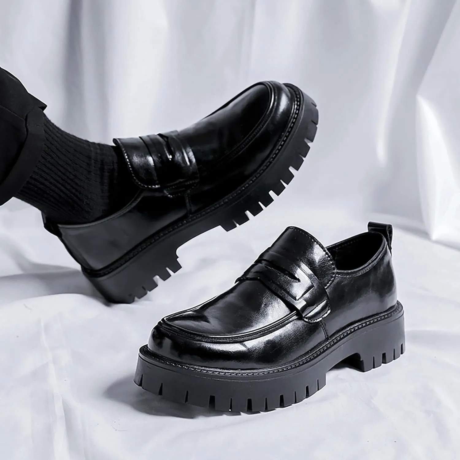 Men's Soft Leather Slip-On Platform Penny Loafers Comfortable Round Toe Lug Sole Chunky Heel Dress Shoes Fashion Retro Business Work Shoes