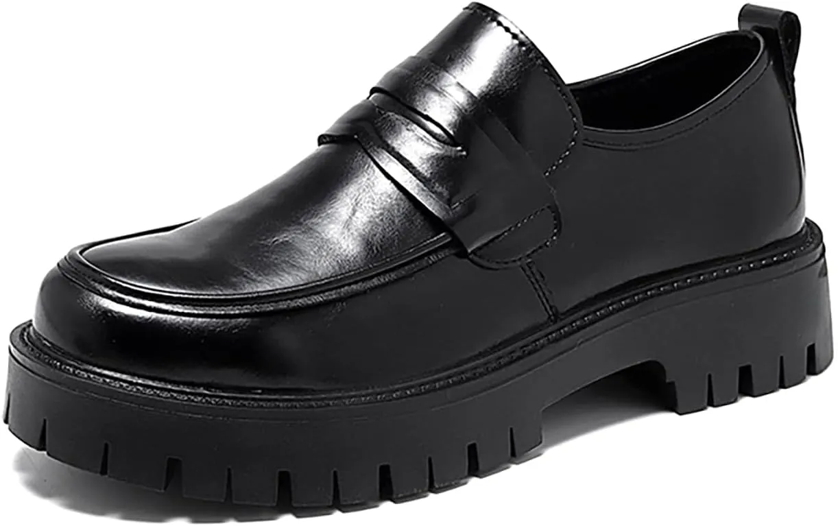 Men's Soft Leather Slip-On Platform Penny Loafers Comfortable Round Toe Lug Sole Chunky Heel Dress Shoes Fashion Retro Business Work Shoes