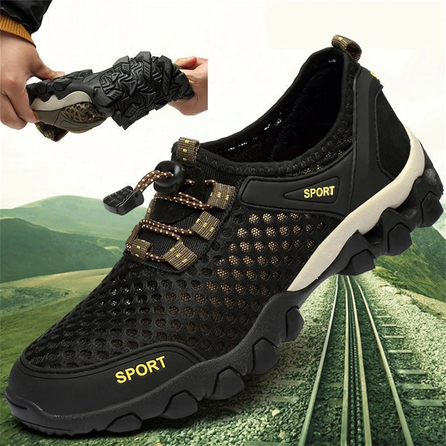 Men's Wading Summer Beach Shoes Skeleton Mesh Breathable Casual Fashion Simple Skateboard Shoes for Autumn