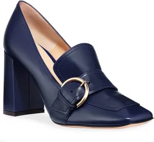 MOOMMO Classic Women High Chunky Heel Loafers Square Toe Matte Leather Slip On 4 Inch Block Heel Buckle Pumps Office Comfort Dress Loafer Heels Shoes Casual Office Party Matte Navy 8.5 M US