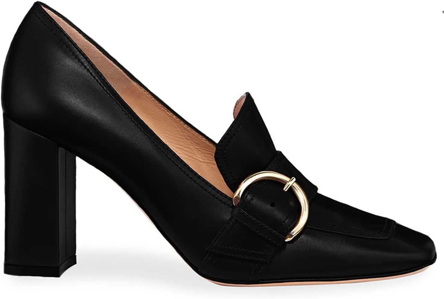 MOOMMO Classic Women High Chunky Heel Loafers Square Toe Suede Slip On 4 Inch Block Heel Buckle Pumps Office Comfort Dress Loafer Heels Shoes Casual Office Party 4-13 M US